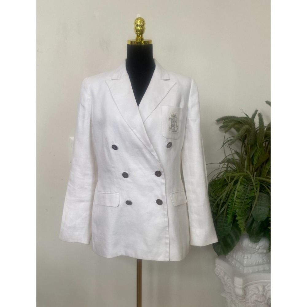 Lauren Ralph Lauren Ivory Linen Double Breasted Logo Crest Blazer 10 EUC! $265